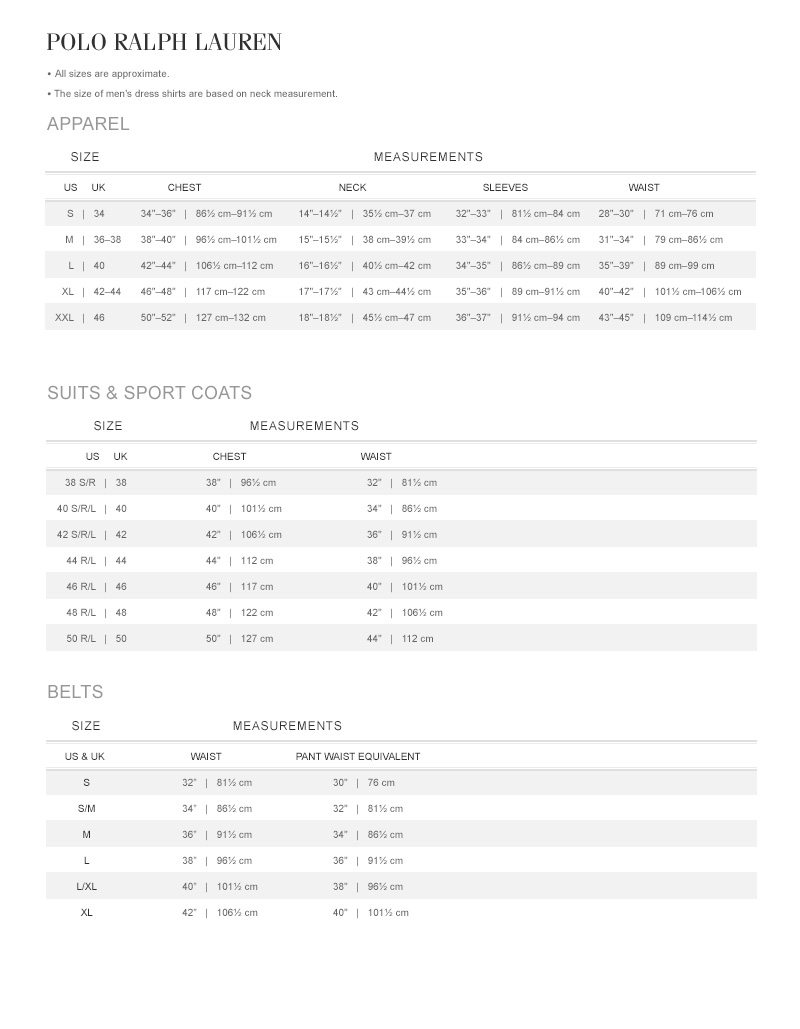 Ralph Men S Size Chart Us